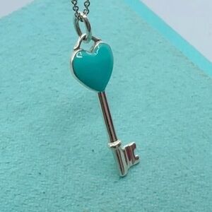 🩵 Tiffany & Co. 925 Sterling Silver & Enamel Necklace Mini Heart Key Pendant